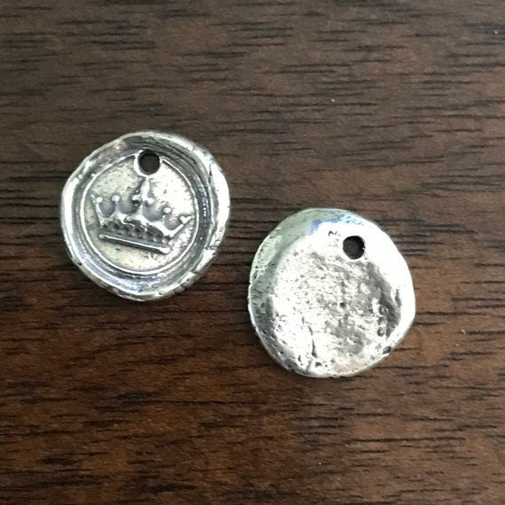Rustic Crown Charm - Wax Seal Style - Organically Round 14mm Boho Pendant - Earring Dangle - .925 Hallmark -Legacy Silver Supplies - AC105