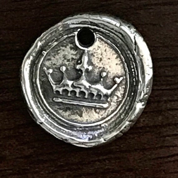 Rustic Crown Charm - Wax Seal Style - Organically Round 14mm Boho Pendant - Earring Dangle - .925 Hallmark -Legacy Silver Supplies - AC105