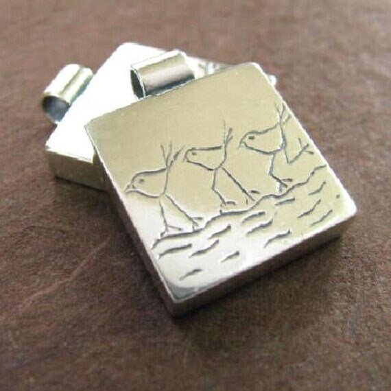 Sterling Silver Pendant - Birds in a Row - Hand Etched - Chickadees - Wren - Beach Birds - 15mm Square Charm - Legacy Silver Supplies S21