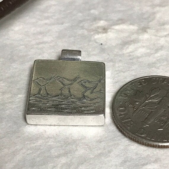 Sterling Silver Pendant - Birds in a Row - Hand Etched - Chickadees - Wren - Beach Birds - 15mm Square Charm - Legacy Silver Supplies S21