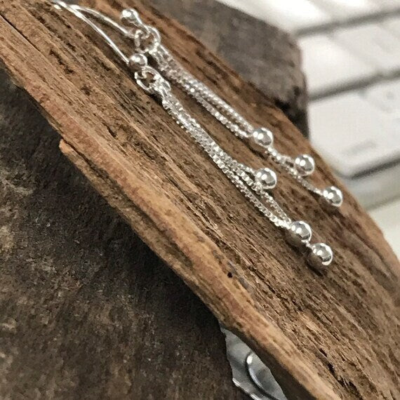 2 Sterling Silver Tassle Charms - 35mm = 1.25 Inch Long Chain n Ball Bauble Drop Charms - Beaded Box Chain Dangle Legacy Silver Supplies C52