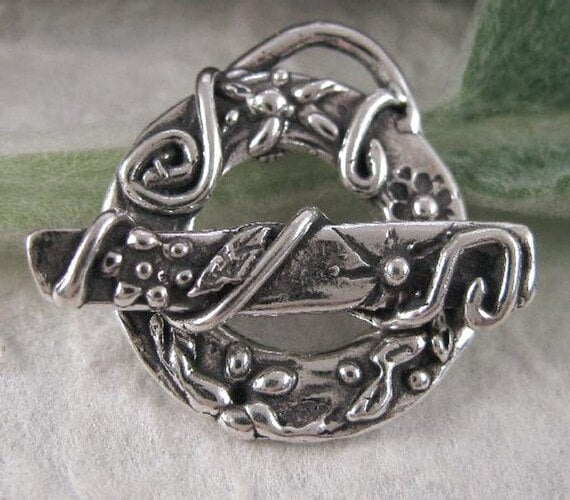 Artisan Round Toggle in Sterling Silver  Large Toggle -  Heavy Duty Woodland Flower Clasp with Flowers and Swirls - Closure AC199