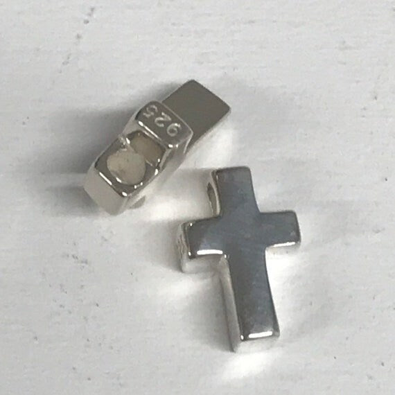 1 Sterling Silver Cross Bead - Chunky - Smooth and Shiny - Small Beading Stringing Design 9mm x 2mm Hole - Legacy Silver Supplies MB172