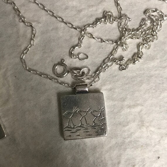 Sterling Silver Pendant - Birds in a Row - Hand Etched - Chickadees - Wren - Beach Birds - 15mm Square Charm - Legacy Silver Supplies S21