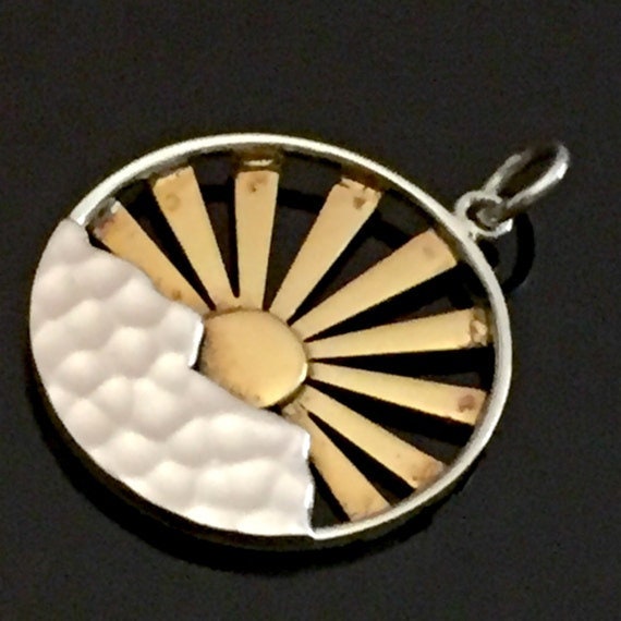 Sunrise or Sunset Mountain Pendant - Mountains Charm Hammered Sterling Silver and Bronze Nature Pendant - w Top Ring - Legacy Silver P26