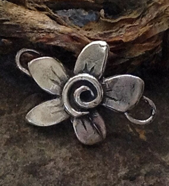 1 Sterling Silver Whimsy Flower Connector - Handcrafted Rustic Bracelet Focal Point for 2mm Cord or Chain - Rustic Charms - Supplies AC170