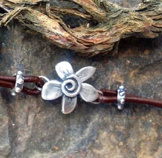 1 Sterling Silver Whimsy Flower Connector - Handcrafted Rustic Bracelet Focal Point for 2mm Cord or Chain - Rustic Charms - Supplies AC170