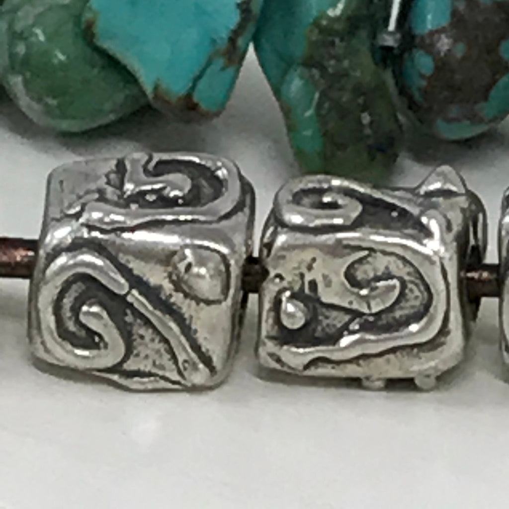 Sterling Silver Cube Beads - 6mm Sliders - 2 Rustic Boho Focal Points - Bracelet or Necklace even Anklet Beads - Oakhill Silver Supply AC217
