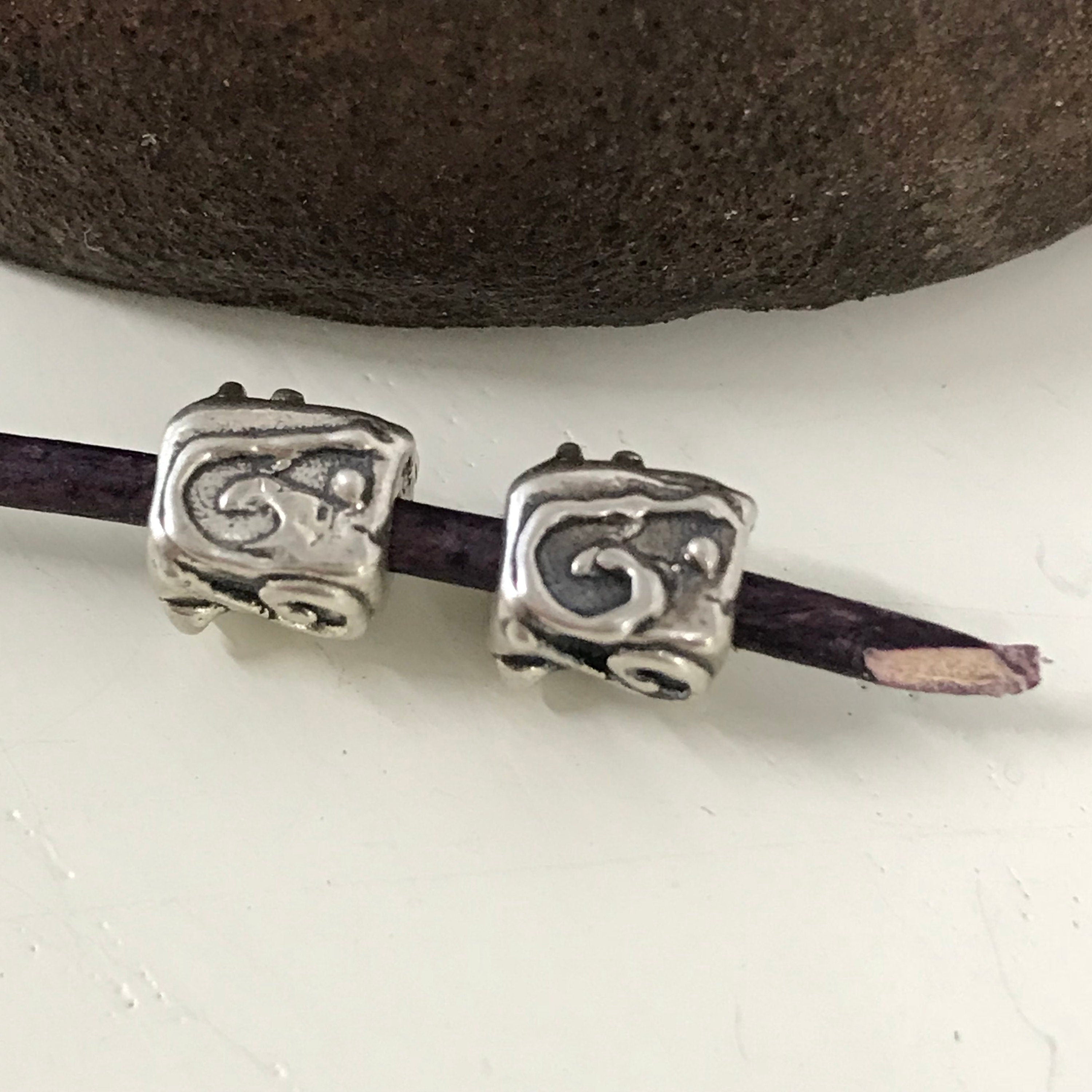 Sterling Silver Cube Beads - 6mm Sliders - 2 Rustic Boho Focal Points - Bracelet or Necklace even Anklet Beads - Oakhill Silver Supply AC217