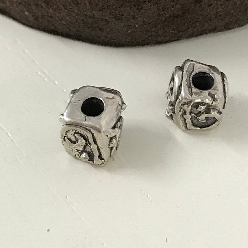 Sterling Silver Cube Beads - 6mm Sliders - 2 Rustic Boho Focal Points - Bracelet or Necklace even Anklet Beads - Oakhill Silver Supply AC217