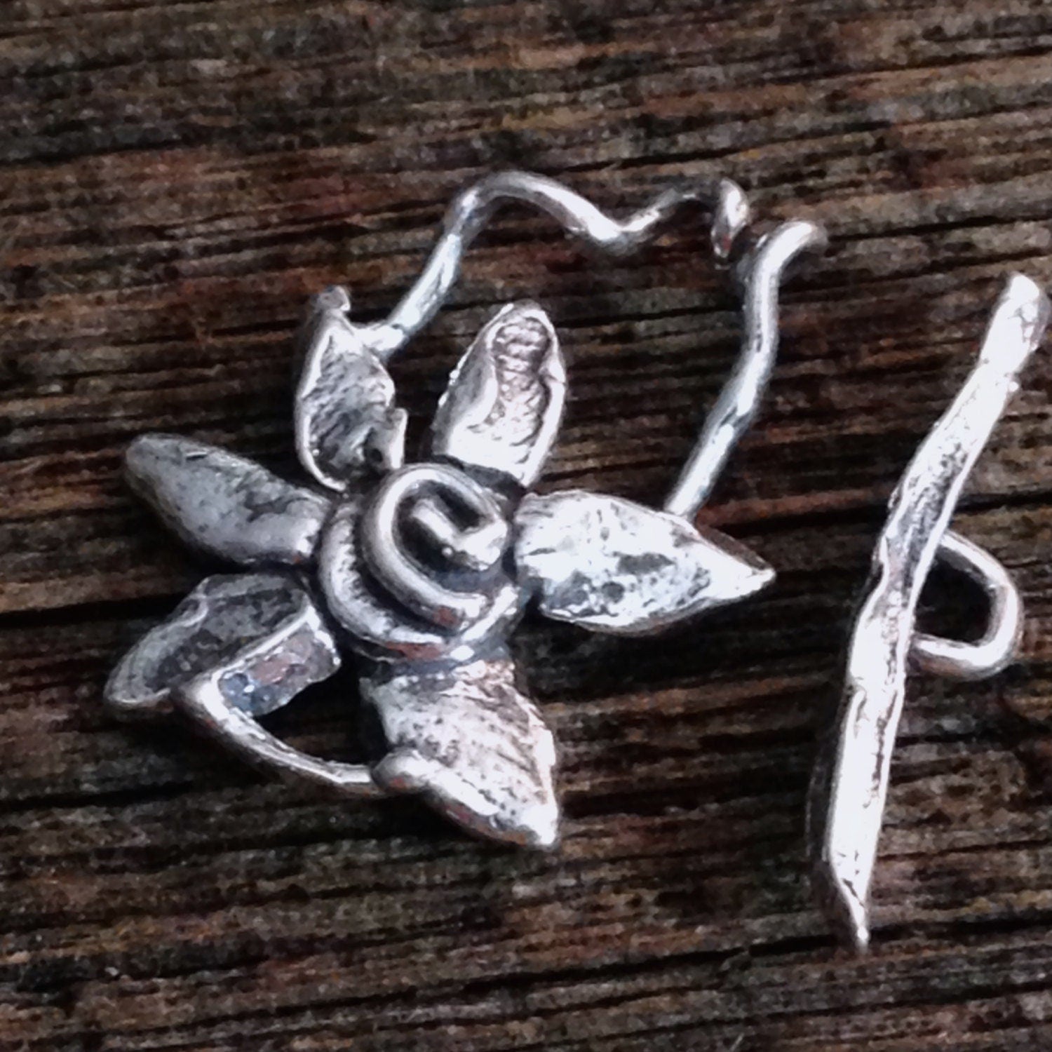 Sterling Silver Rustic Toggle Clasp Set - 21mm Jewelry Clasp - 1 Whimsy Flower and Leaf Large Jewelry Toggle - Legacy Silver Supplies AC193