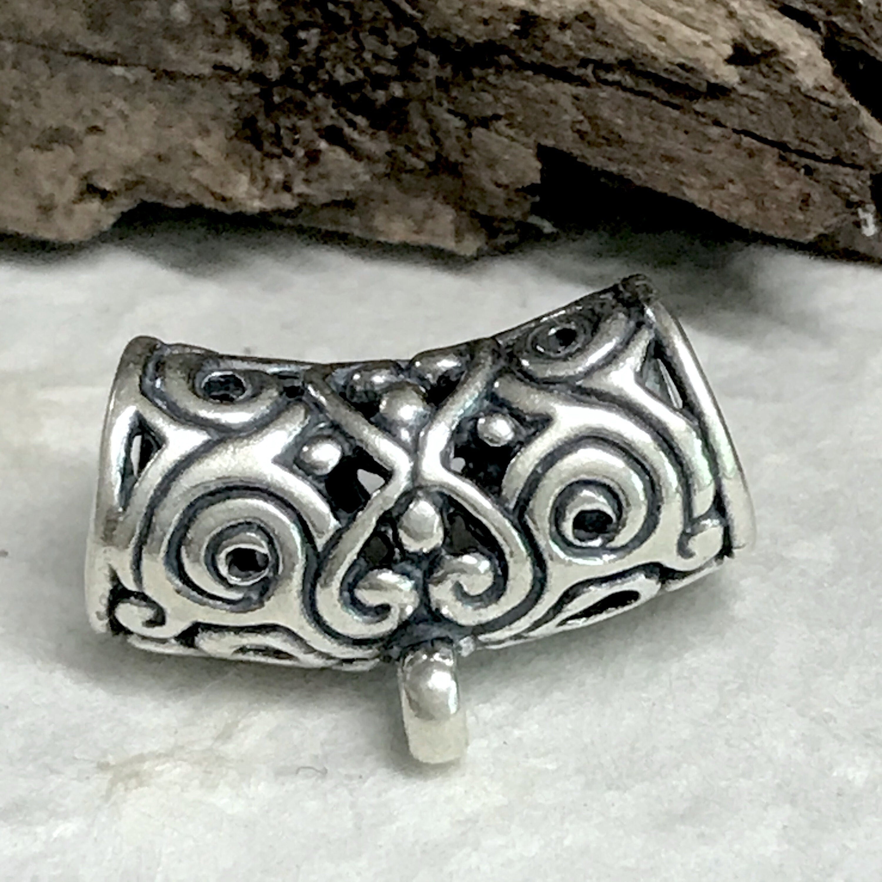 Sterling Silver Slider with Bottom Loop -  ID 7mm - Large Focal Curved Slider Bead 16.85mm Long - Pendant Holder Bail - Oakhill Silver  Z29