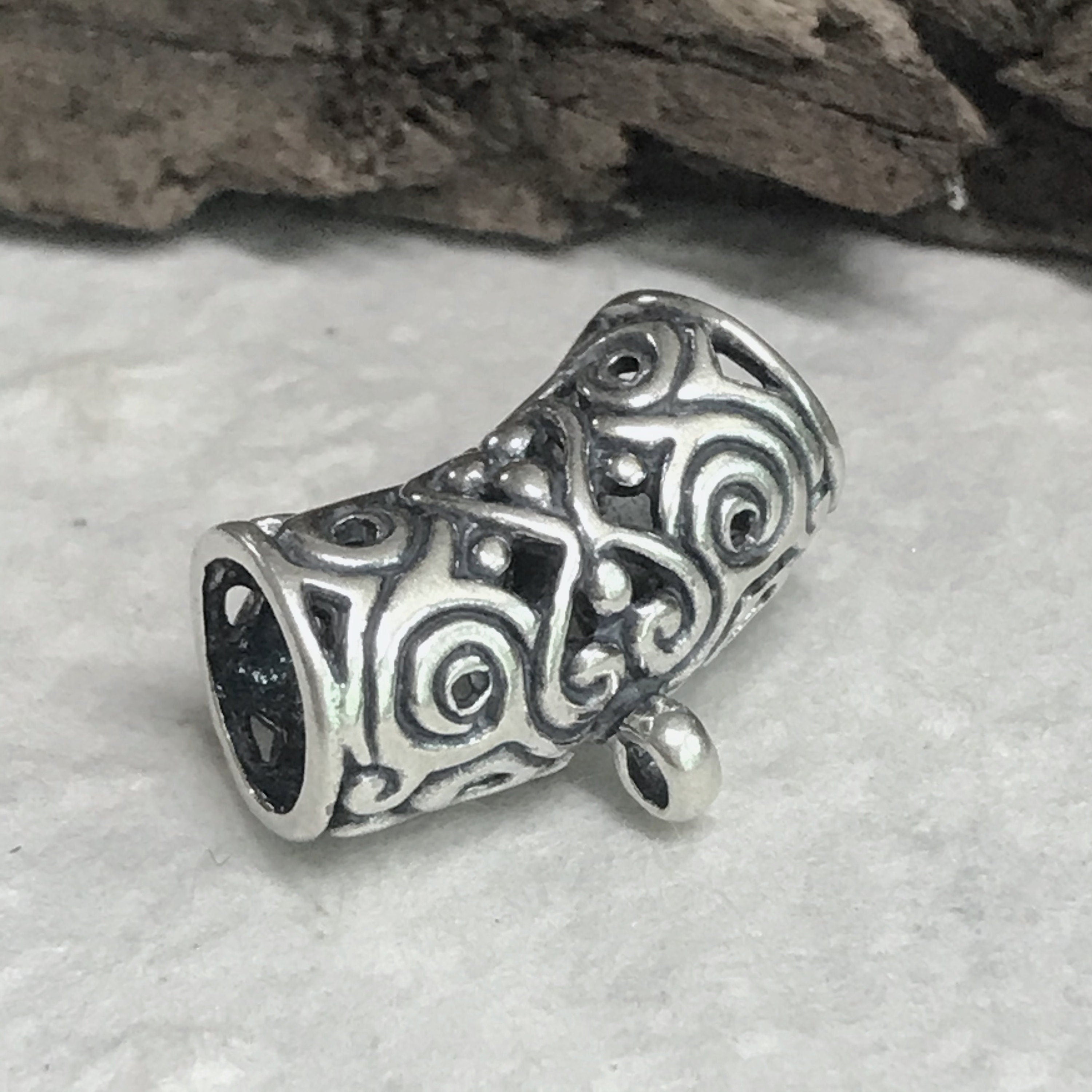 Sterling Silver Slider with Bottom Loop -  ID 7mm - Large Focal Curved Slider Bead 16.85mm Long - Pendant Holder Bail - Oakhill Silver  Z29