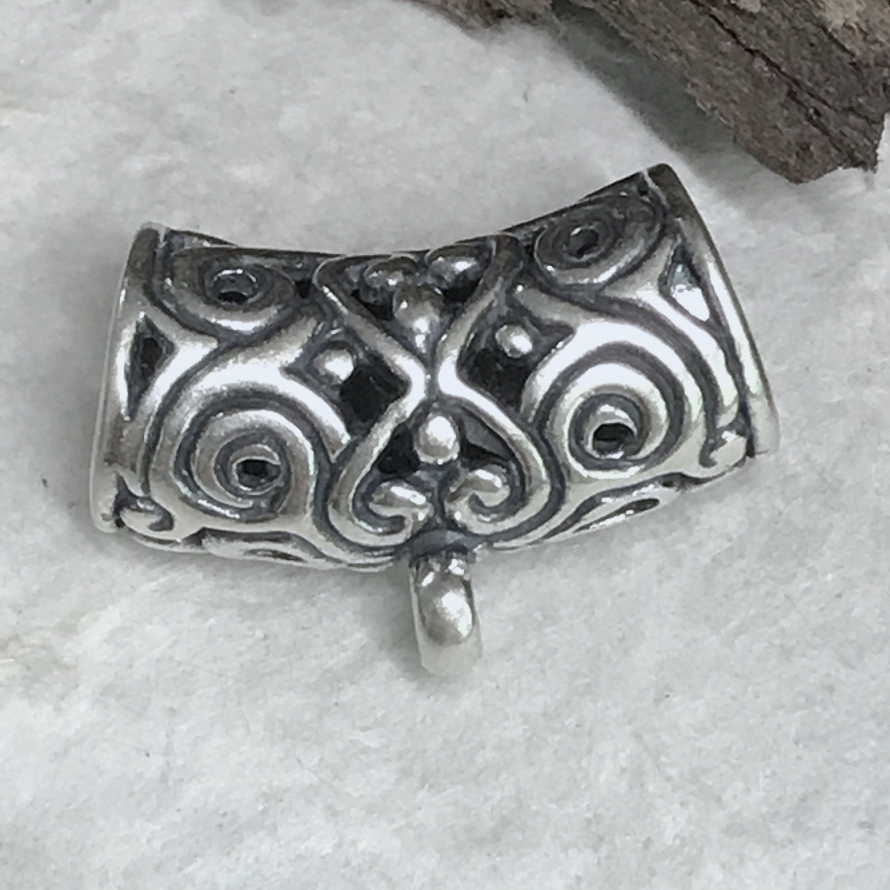 Sterling Silver Slider with Bottom Loop -  ID 7mm - Large Focal Curved Slider Bead 16.85mm Long - Pendant Holder Bail - Oakhill Silver  Z29