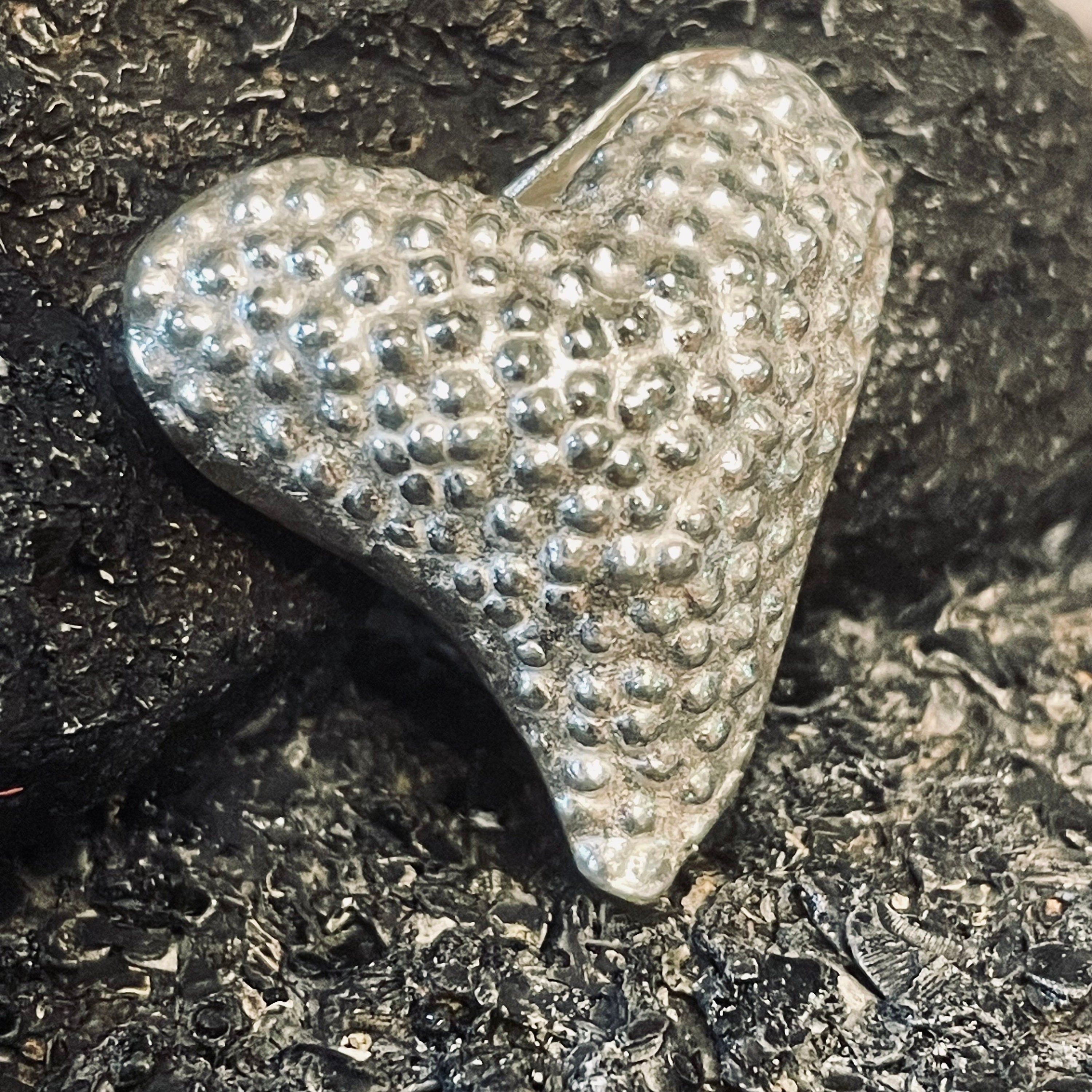 NEW! Asymmetrical 3D LARGE Fine Silver Heart Bead - Dotted Karen Hill Tribe 22mm x 21mm x 13mm - Focal Point - 1mm ID - MB174