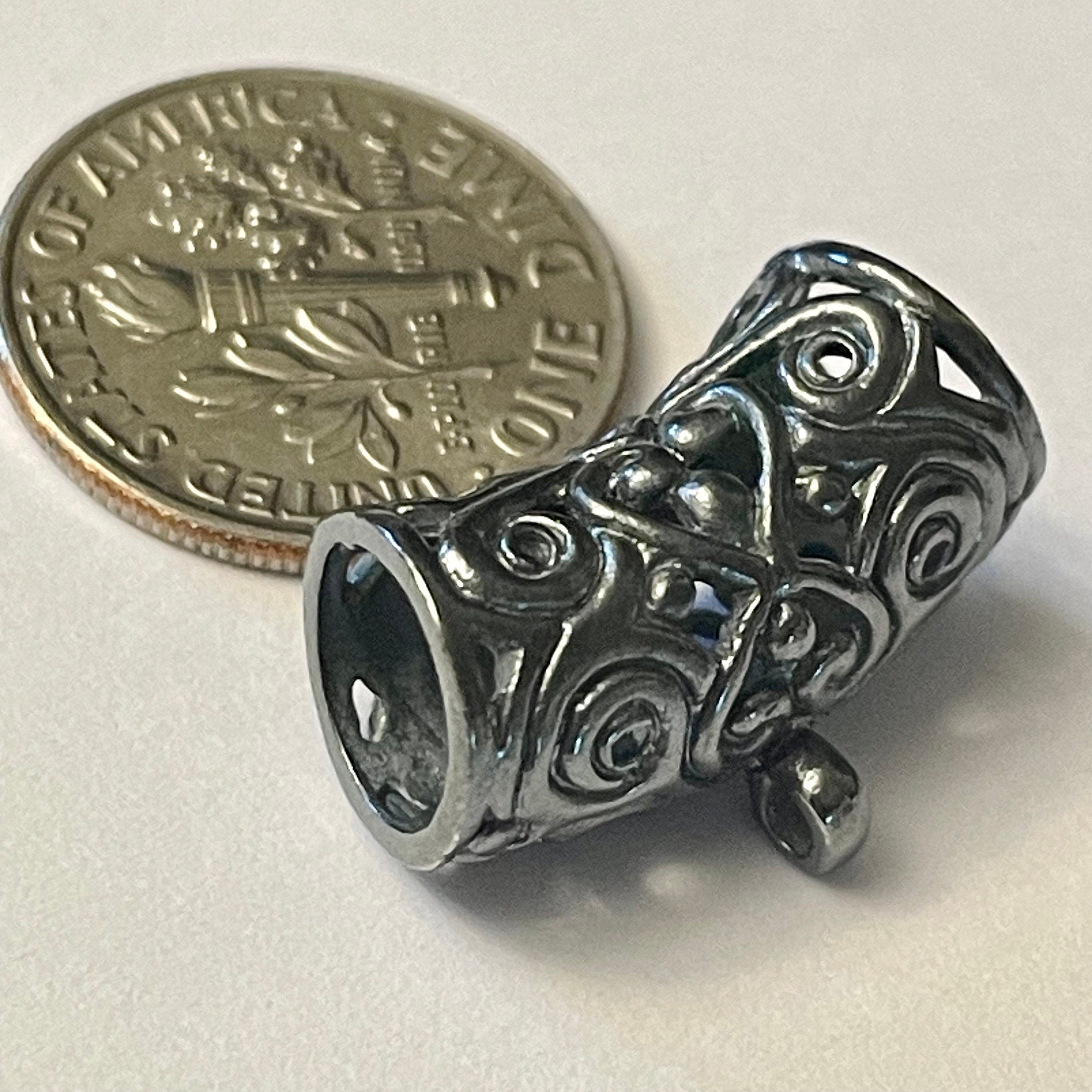 Solid Oxidation Sterling Silver Slider with Bottom Loop -  ID 7mm - Large Focal Curved Slider Bead 16.85mm Long - Pendant Holder Bail - Z64