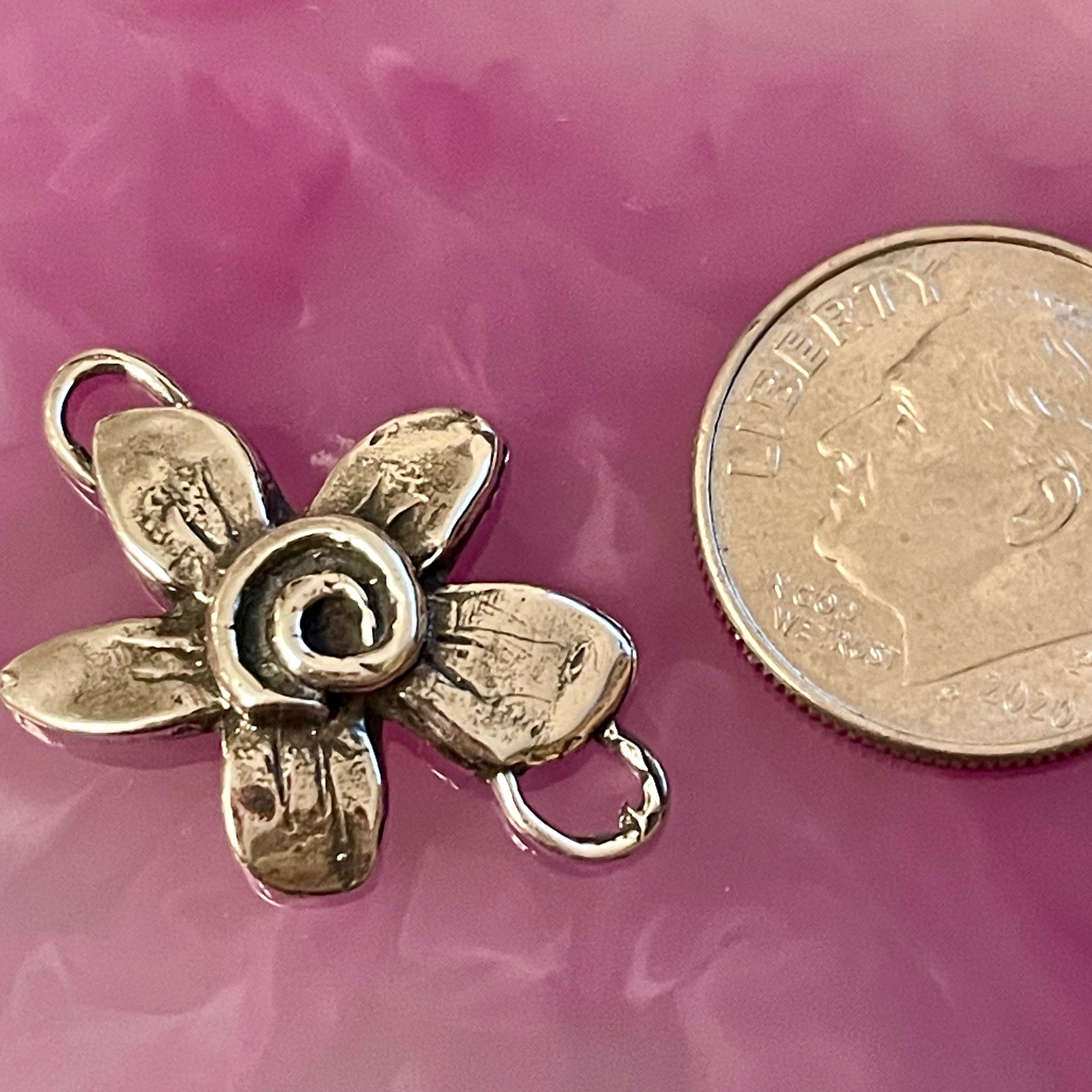 1 Sterling Silver Whimsy Flower Connector - Handcrafted Rustic Bracelet Focal Point for 2mm Cord or Chain - Rustic Charms - Supplies AC170