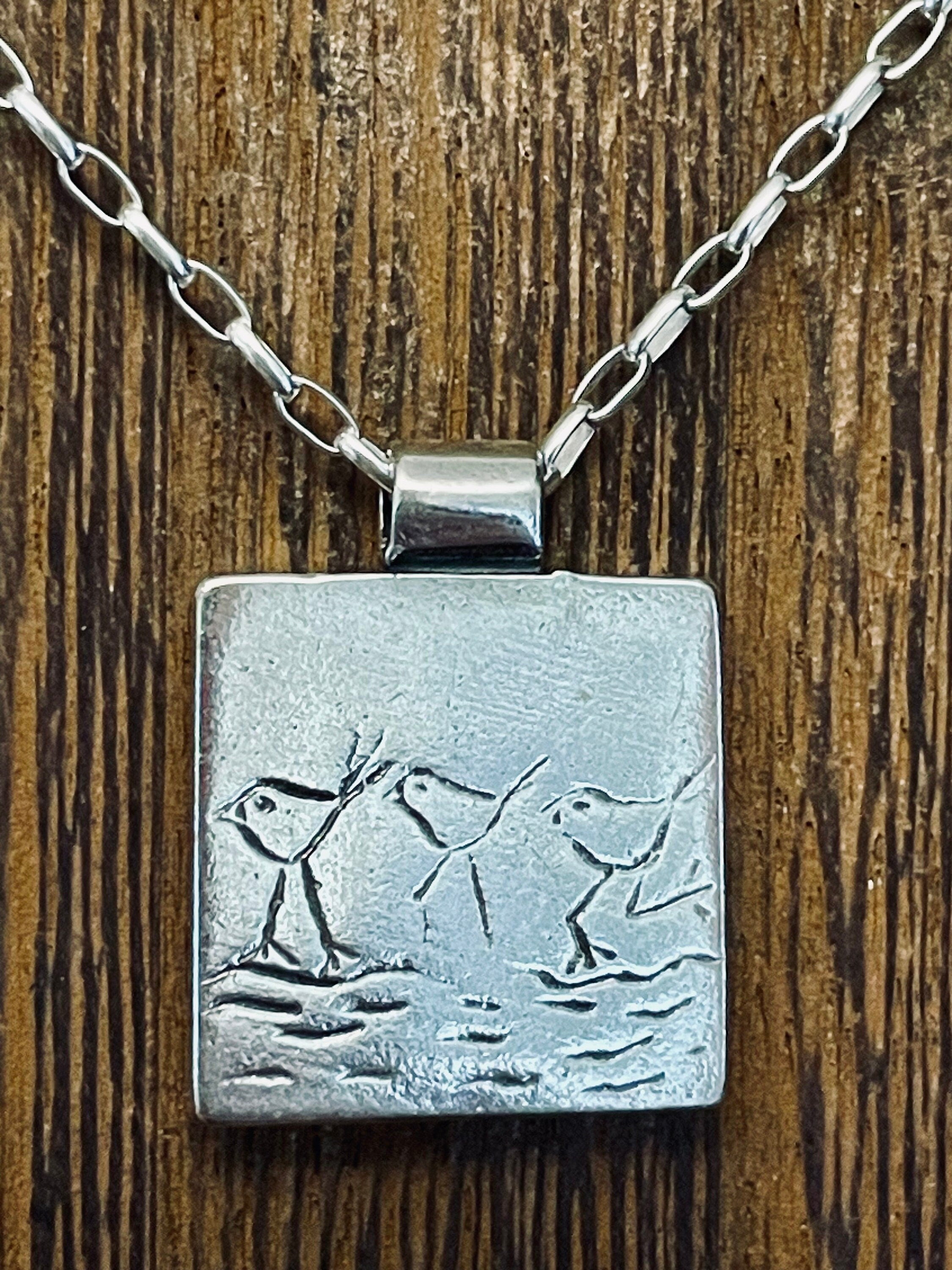 Sterling Silver Pendant - Birds in a Row - Hand Etched - Chickadees - Wren - Beach Birds - 15mm Square Charm - Legacy Silver Supplies S21
