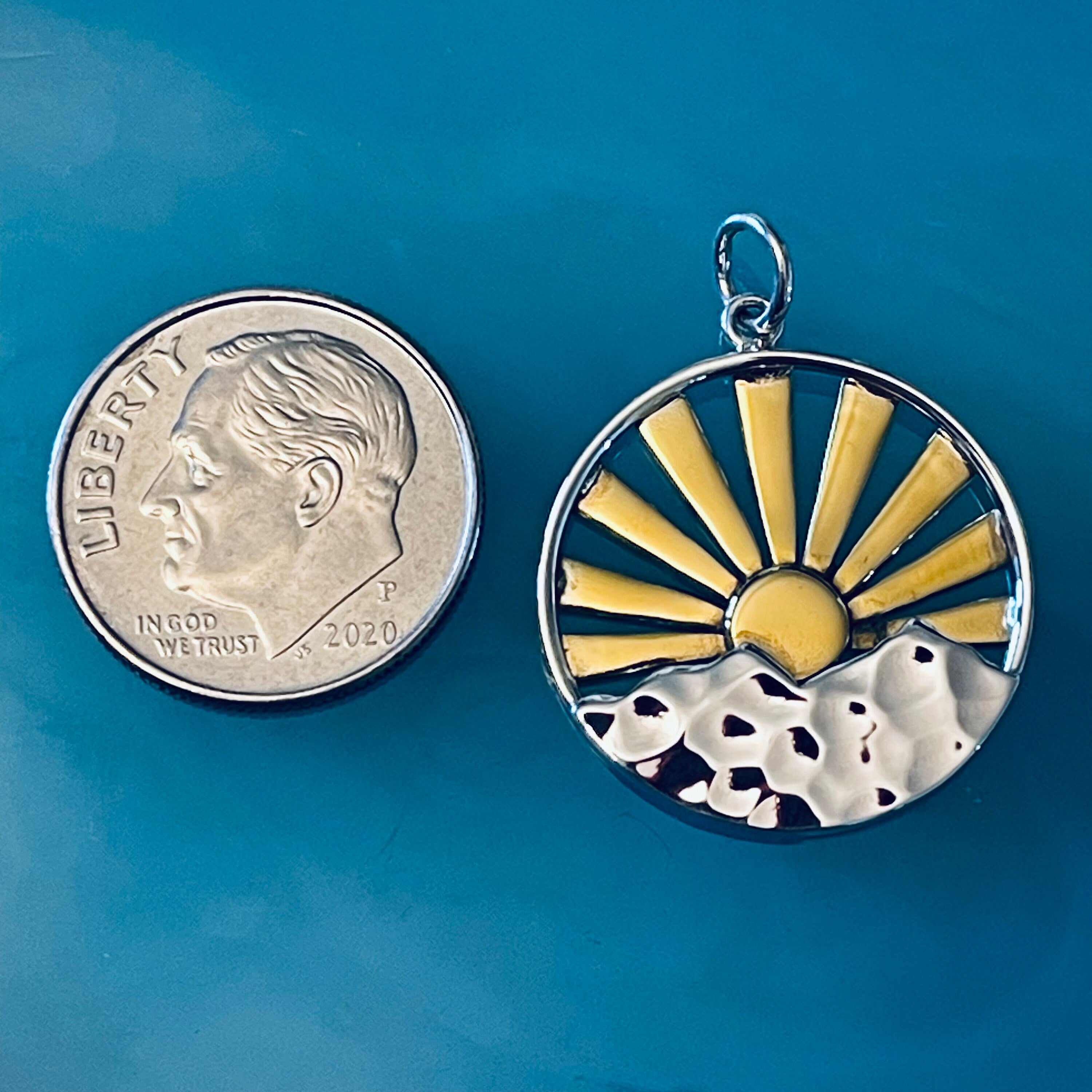 Sunrise or Sunset Mountain Pendant - Mountains Charm Hammered Sterling Silver and Bronze Nature Pendant - w Top Ring - Legacy Silver P26