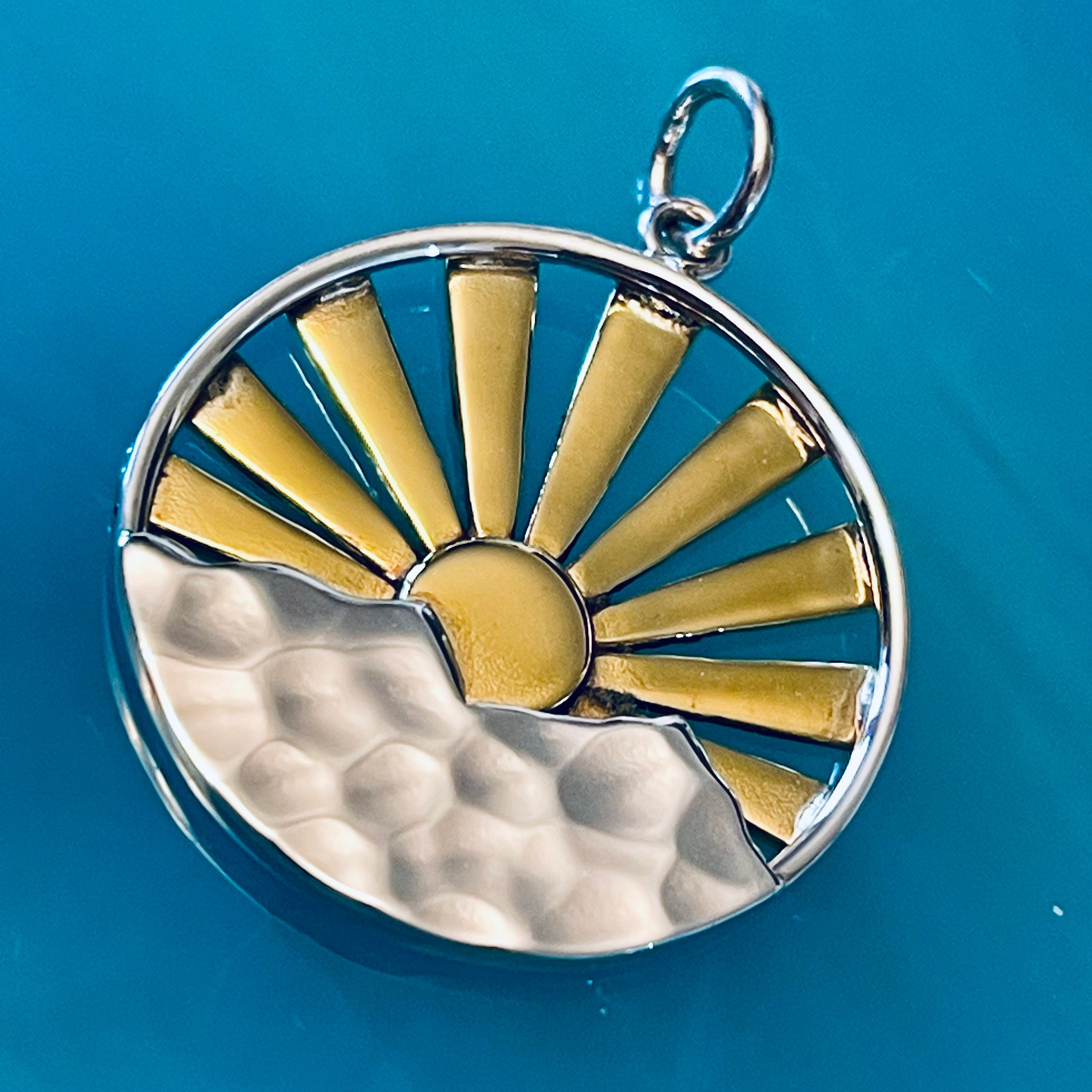 Sunrise or Sunset Mountain Pendant - Mountains Charm Hammered Sterling Silver and Bronze Nature Pendant - w Top Ring - Legacy Silver P26