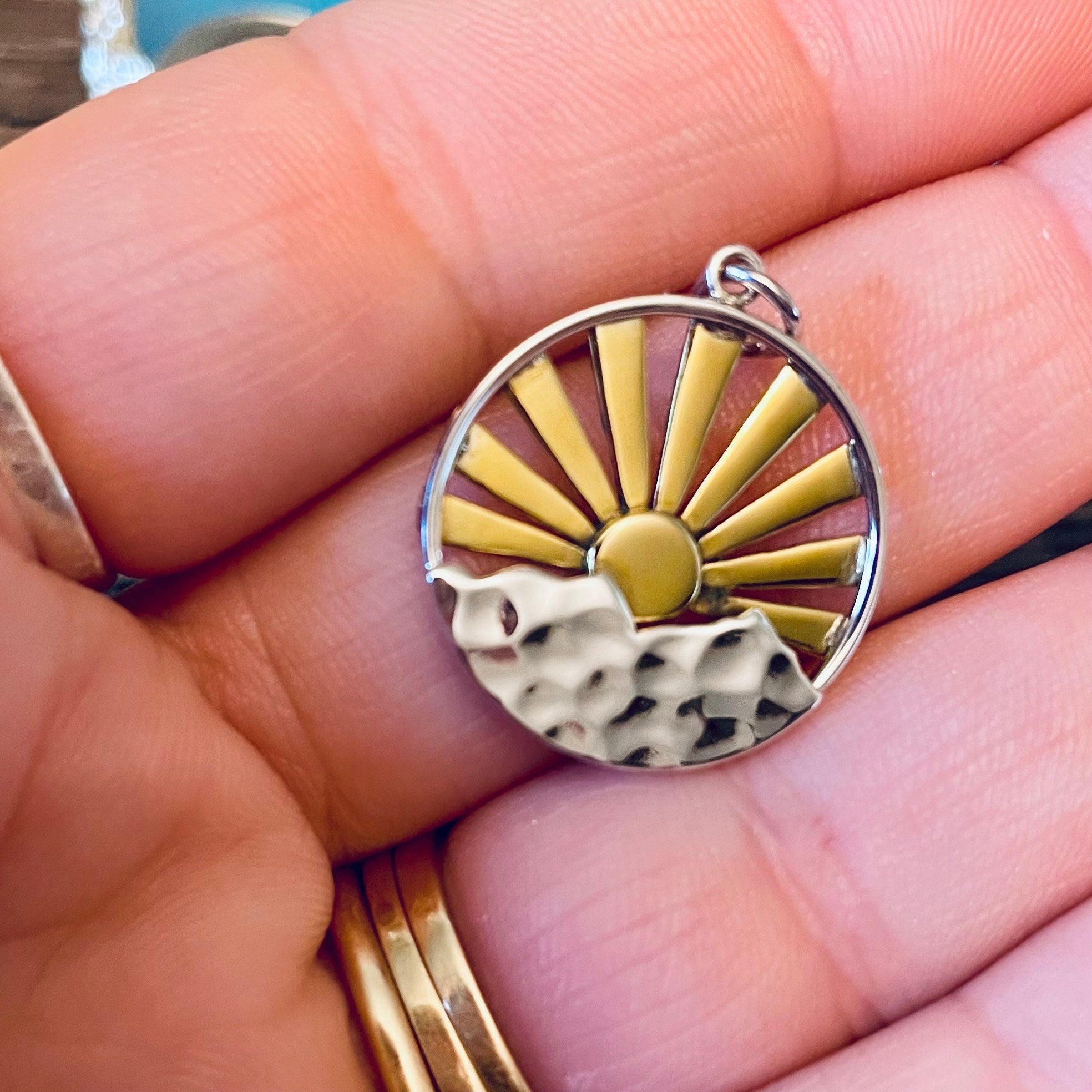 Sunrise or Sunset Mountain Pendant - Mountains Charm Hammered Sterling Silver and Bronze Nature Pendant - w Top Ring - Legacy Silver P26